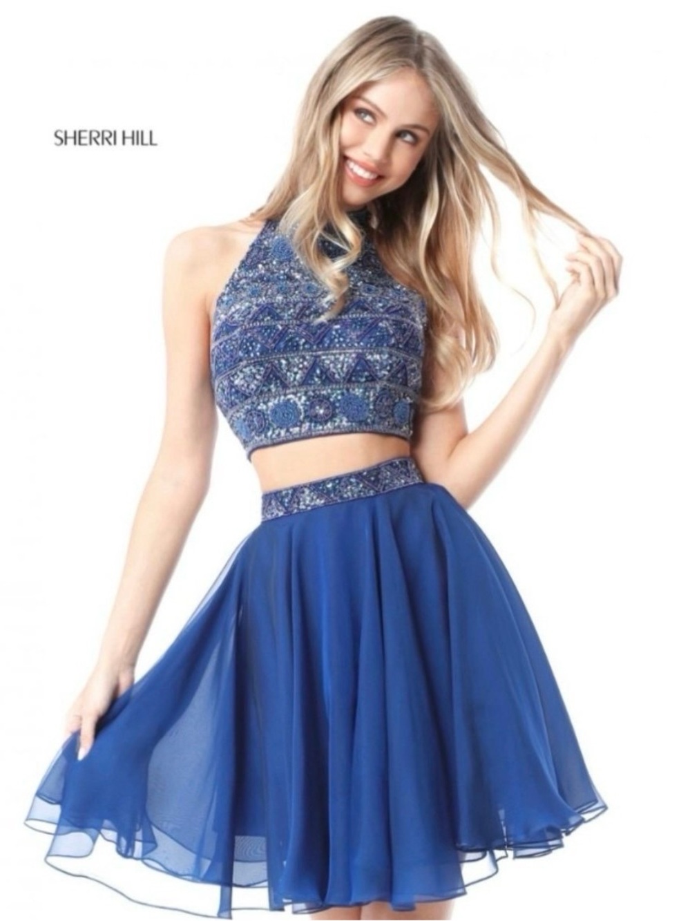 Sherri Hill Blue Beaded Two-Piece Halter Mini Dress